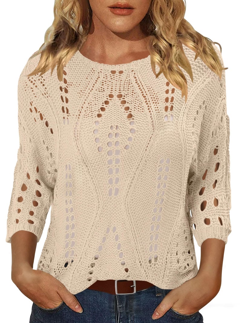 CRAZY GRID 2026 Summer Womens Tops Spring Crochet Hollow Out 3/4 Sleeve Pullover Sweaters Oversized T-Shirts Swim Suits Beach Cover Ups Apricot Medium - Image 4