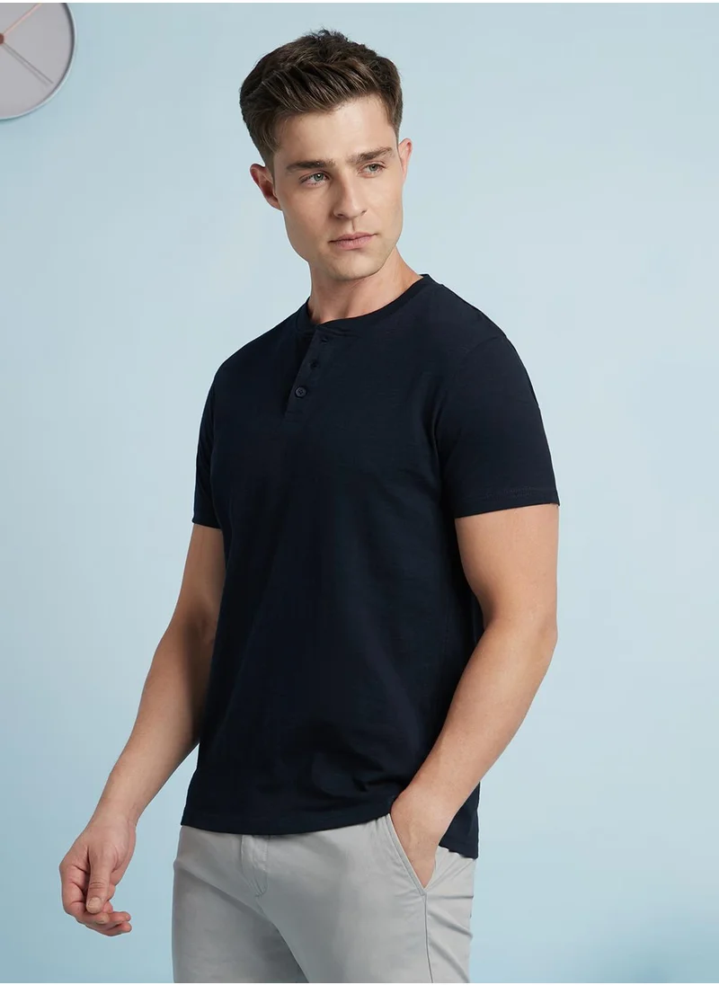 Dennis Lingo Men's Navy 100% Cotton Solid Regular Fit T-Shirt