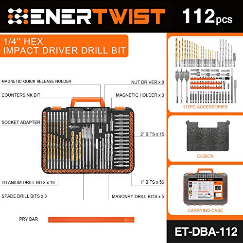 ENERTWIST Drill Bit Set, 112-Pieces 1/4" Hex Shank Impact Driver Bits and Screwdriver Bits Set Assorted in Tough Case for Wood Metal Cement Drilling and Screw Driving, ET-DBA-112 - Image 2