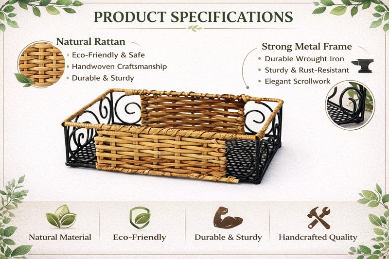 AKWAY Rectangle Wicker Multipurpose Holder Basket | Cane Towel Holder | home decoration (13 L x 6.5 W x 2.5 H INCHES, Brown) - Image 3