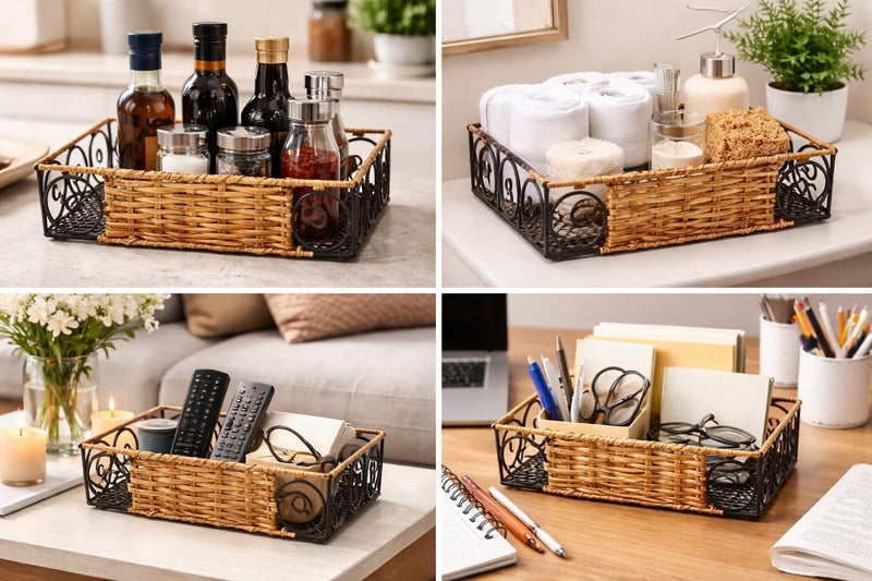 AKWAY Rectangle Wicker Multipurpose Holder Basket | Cane Towel Holder | home decoration (13 L x 6.5 W x 2.5 H INCHES, Brown) - Image 4