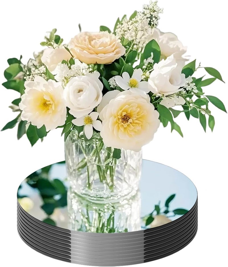 LUDEOU 20 Pack Round Mirror Centerpieces for Tables No Glass AcrylicCircle Mirror Table Centerpieces Mirror Tray Candle Plates for Wedding Table DecorationChristmas Home Decor 8inch - Image 2