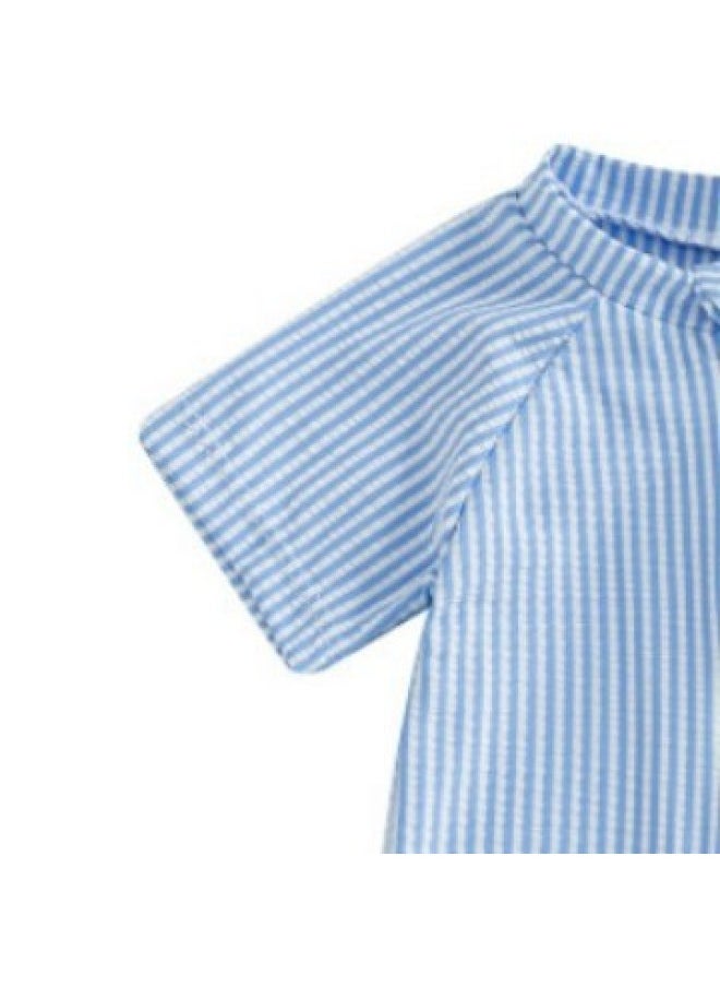 Generic - 70-80-90-100-110 Hat One-piece Special Striped Short Sleeve Children's Swimsuit-Color:Royal Blue-Size:100 - Image 1