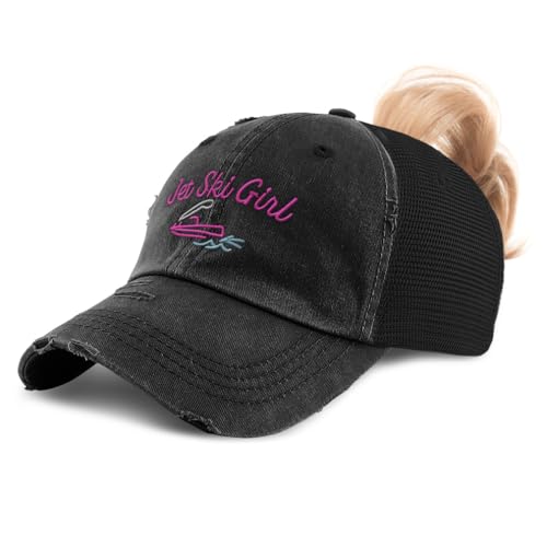 Speedy Pros Womens Ponytail Cap Jet Ski Girl Hobbies Cotton Distressed Trucker Hats Strap Closure Black - Image 1