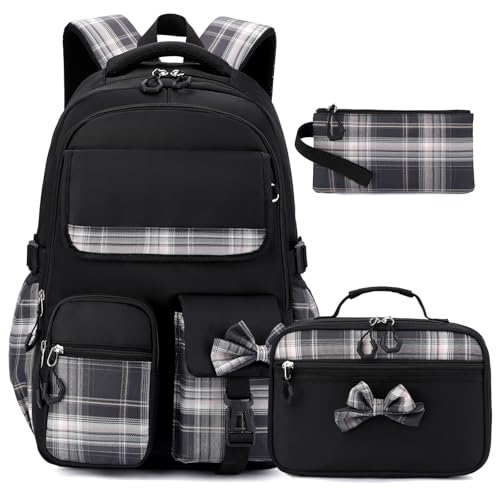 BEFUNIRISE Girls Backpack Set,17 inch School Backpacks Cute Book Bag with Lunch Box for Teen Kid Elementary Middle High School(3PCS Black, Large) - Image 1