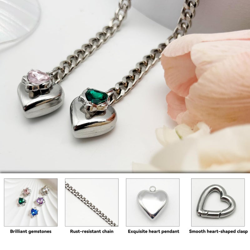 EverGlimp Heart Layer Pendant Necklace for Women, Adjustable Slip Chain with Colorful Gemstone & Heart Clasp, Romantic Jewelry Gift. (Silver-Green) - Image 5