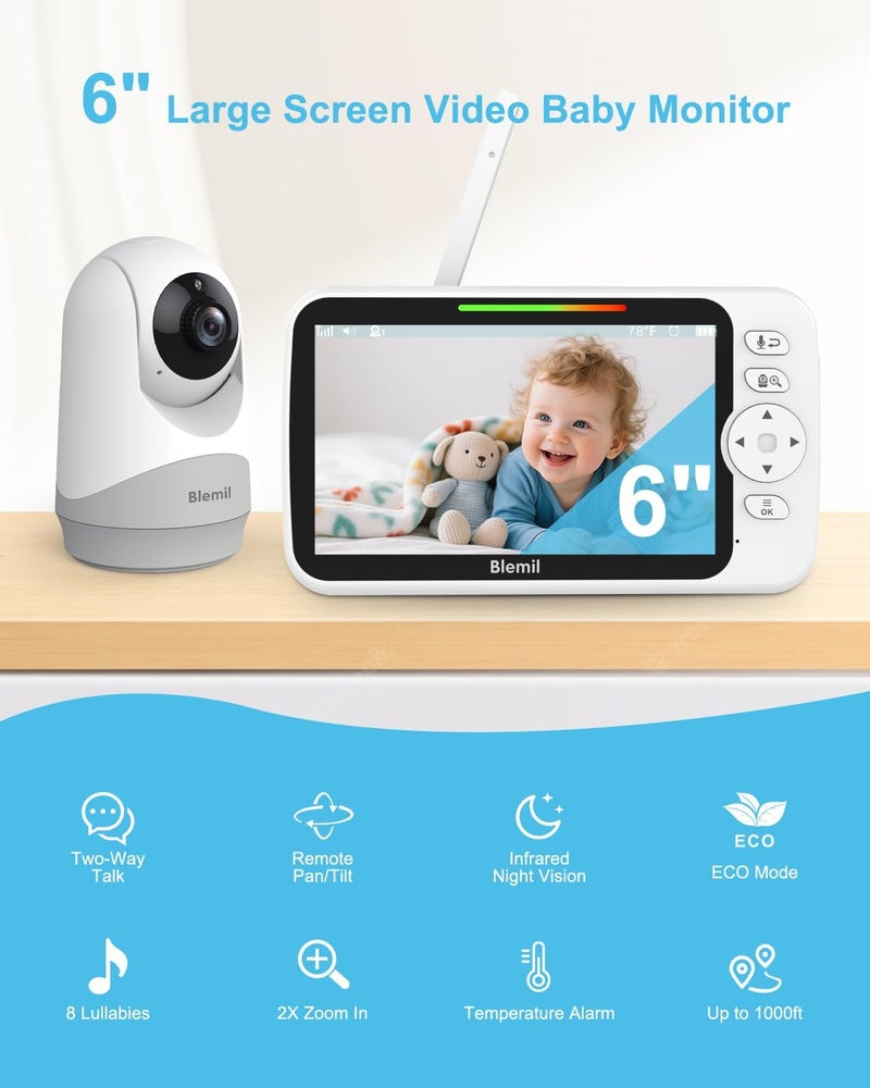 Blemil Upgrade Video Baby Monitor with Camera and Audio 6 Large Screen 35Hrs Battery No WiFi Baby Monitor Remote PanTiltZoom Camera 2Way Talk Night Vision Temperature 1000ft Range - Image 2