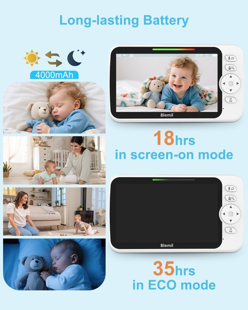 Blemil Upgrade Video Baby Monitor with Camera and Audio 6 Large Screen 35Hrs Battery No WiFi Baby Monitor Remote PanTiltZoom Camera 2Way Talk Night Vision Temperature 1000ft Range - Image 5