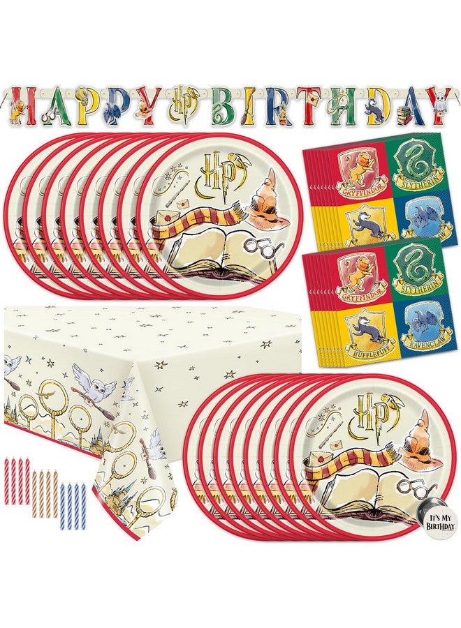 Unique Harry Potter Birthday Decorations Kit | Harry Potter Birthday Party Supplies | With Harry Potter Table Cover, Banner, Dinner Plates, Napkins, Candles, Button | Serves 16  - Image 1