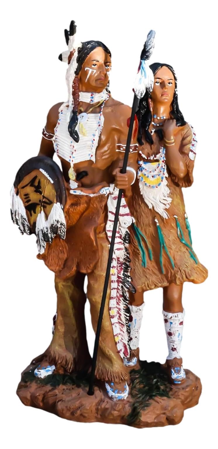 Ebros Gift Colorful Hand Painted Proud Tribal Native American Indian Couple Statue Eagle Warrior Spear Hunter Husband and Wife Family Decorative Figurine 125 Tall As Indian Heritage Decor Sculpture