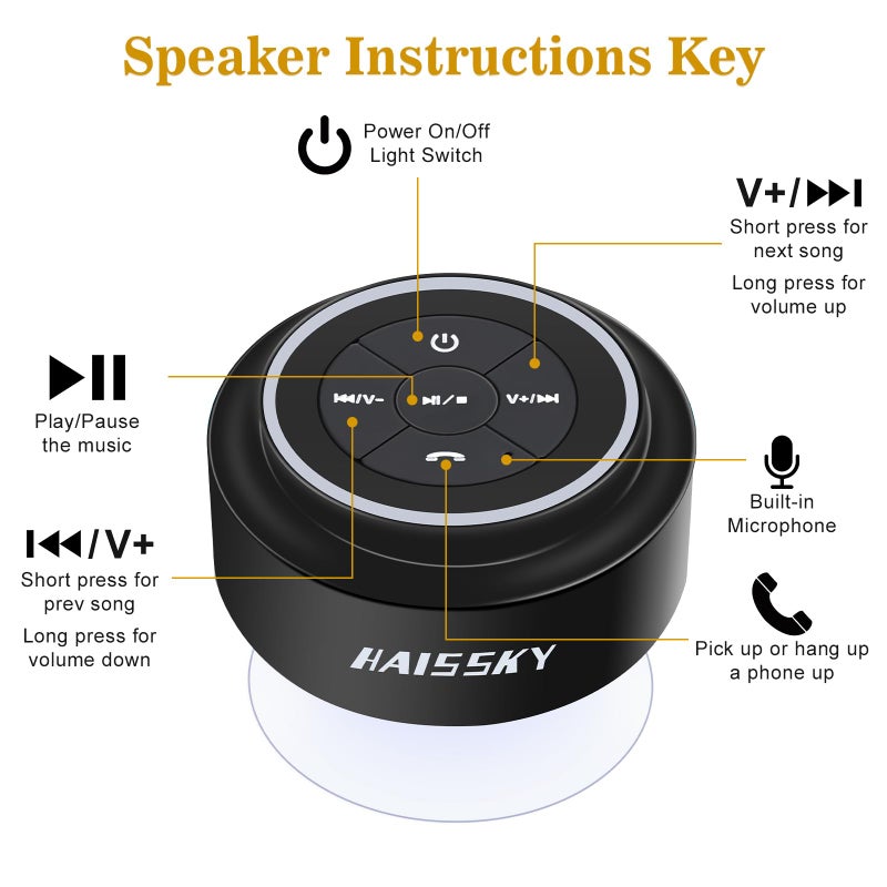 HAISSKY مكبرات صوت هايسكي بلوتوث للاستحمام، مكبر صوت محمول لاسلكي مع كوب شفط، مكبر صوت مقاوم للماء IP67 مع ضوء LED، يتصل بسهولة بالهواتف، الأجهزة اللوحية، الكمبيوتر، هدية للرجال والنساء - Image 5