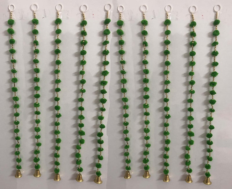 Aahum Handmade Wall Door Hangings 3 Ft.Strings Green Pom Pom Torans Garland Bandhwar Golden Bells Temple,Ganesha Decoration Home Décor Diwali,Festival,Navratri,Wedding,Party(3 FT 10 Strings) - Image 1