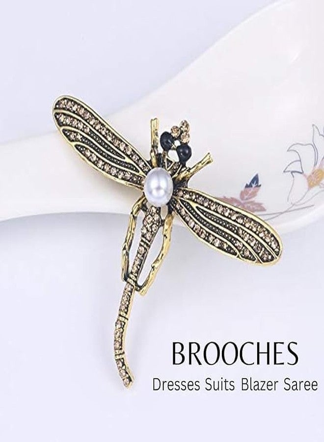 STRIPES® essentials Dress Decoration Dragonfly Design Crystal and Pearl Bronze Colour Saree Pin/Coat Pin/Brooch for Unisex (Pack Of 2) - Image 4