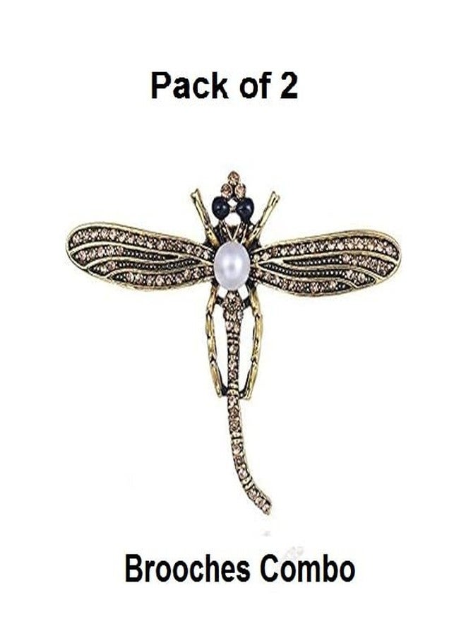 STRIPES® essentials Dress Decoration Dragonfly Design Crystal and Pearl Bronze Colour Saree Pin/Coat Pin/Brooch for Unisex (Pack Of 2) - Image 2