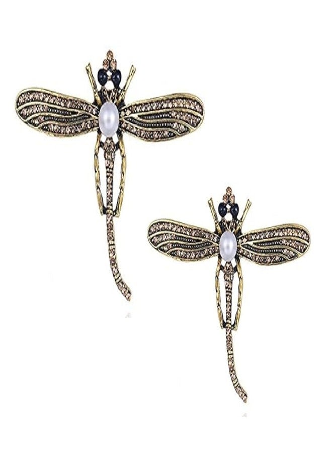 STRIPES® essentials Dress Decoration Dragonfly Design Crystal and Pearl Bronze Colour Saree Pin/Coat Pin/Brooch for Unisex (Pack Of 2) - Image 1