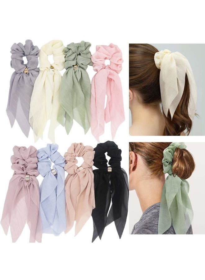 DINPREY Elegant Scarf Hair Ties for Women Girls, 8 Pcs Double Layer Bow Scrunchies for Hair Cute Bunny Ear Bow Scrunchies with Assorted Colors (8 Pcs Double Layer Scrunchies-A) - Image 1