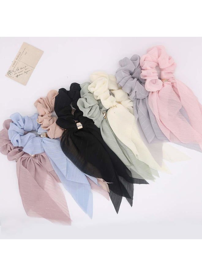 DINPREY Elegant Scarf Hair Ties for Women Girls, 8 Pcs Double Layer Bow Scrunchies for Hair Cute Bunny Ear Bow Scrunchies with Assorted Colors (8 Pcs Double Layer Scrunchies-A) - Image 2