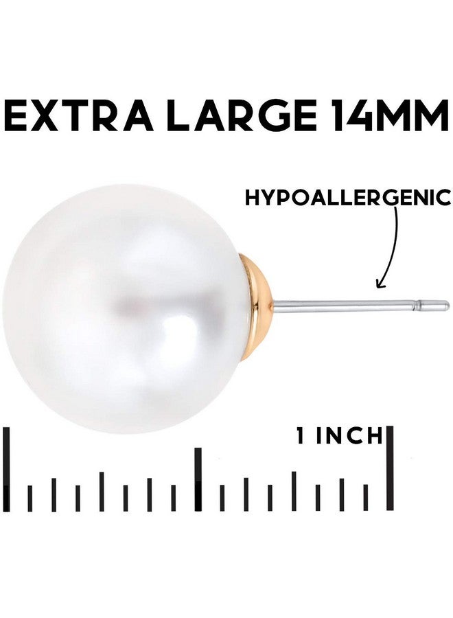 Humble Chic NY Large Pearl Earrings for Women Studs - Big Faux White Pearl Stud Earrings for Women, Oversized 14mm Fake Statement Fashion Jewelry for Brides, Bridesmaids or Prom, Hypoallergenic - Image 3