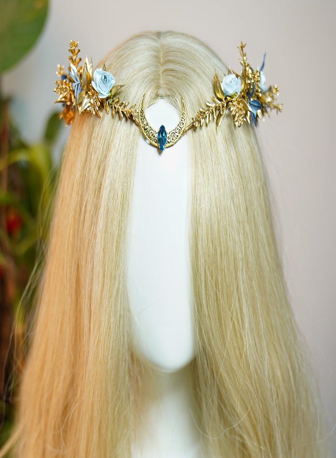 MOSTORY Gold Flower Moon Crown - Handmade Fairy Floral Headpiece Woodland Headband Forest Elven Circlet Elf Tiara for Renaissance Halloween Party Wedding Prom Cosplay - Image 4