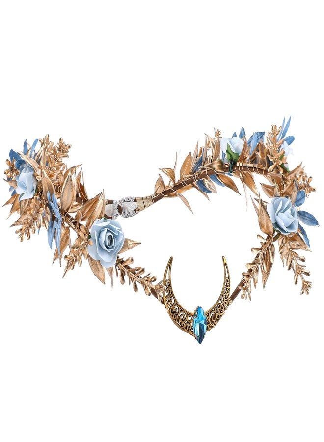 MOSTORY Gold Flower Moon Crown - Handmade Fairy Floral Headpiece Woodland Headband Forest Elven Circlet Elf Tiara for Renaissance Halloween Party Wedding Prom Cosplay - Image 1