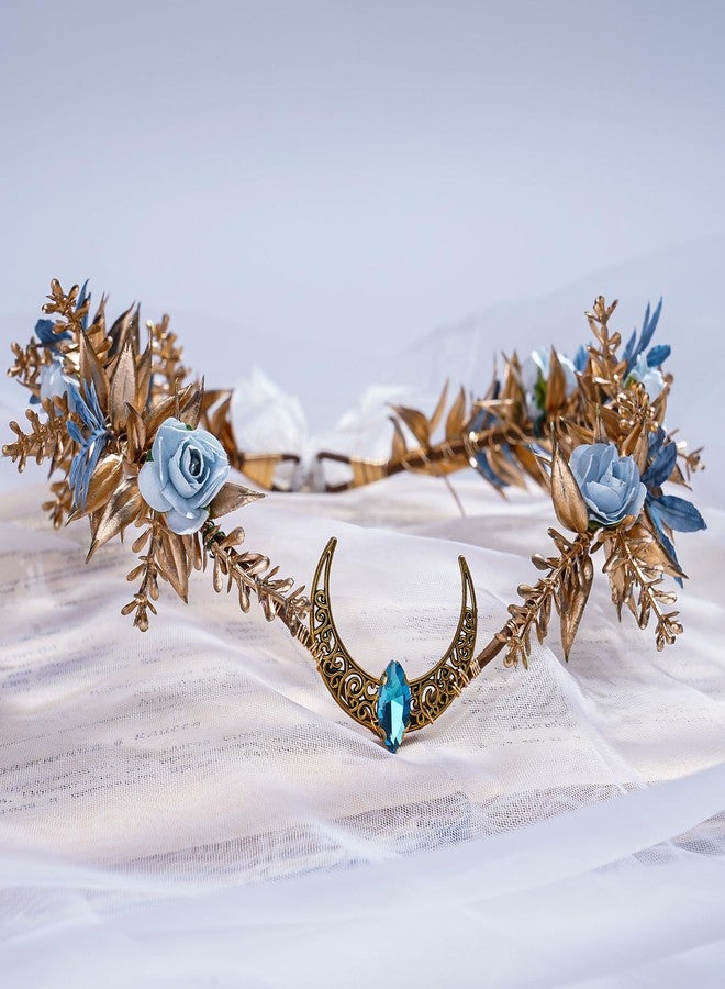 MOSTORY Gold Flower Moon Crown - Handmade Fairy Floral Headpiece Woodland Headband Forest Elven Circlet Elf Tiara for Renaissance Halloween Party Wedding Prom Cosplay - Image 5