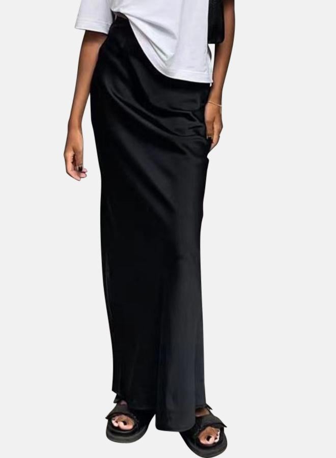 YUNIQEE Black Solid Maxi Satin Skirt - Image 1