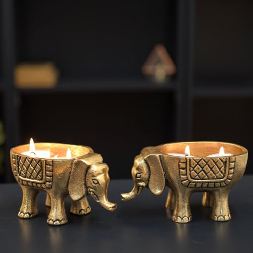 BEHOMA Aluminium Elephant for Good Luck | Statue for Tabletop Living Room Office | Candle Holder Gift Showpiece for Valentine's Day, Birthday (Candles/Plants Etc Not Included, Set of 2, Golden) - Image 1