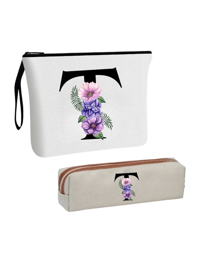PRINTSHOP4ME Initial Monogram Cosmetic Bag And Floral Pencil Pouch-A-Z Letter Monogram Set For Girls&Women-Gift Set For Friends,Daughters Or Coworkers-Ideal For School,Work&Travel - Image 1