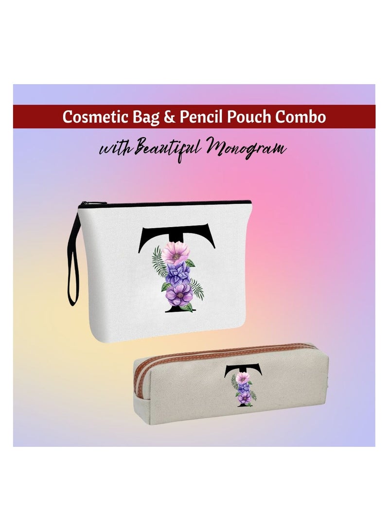 PRINTSHOP4ME Initial Monogram Cosmetic Bag And Floral Pencil Pouch-A-Z Letter Monogram Set For Girls&Women-Gift Set For Friends,Daughters Or Coworkers-Ideal For School,Work&Travel - Image 2