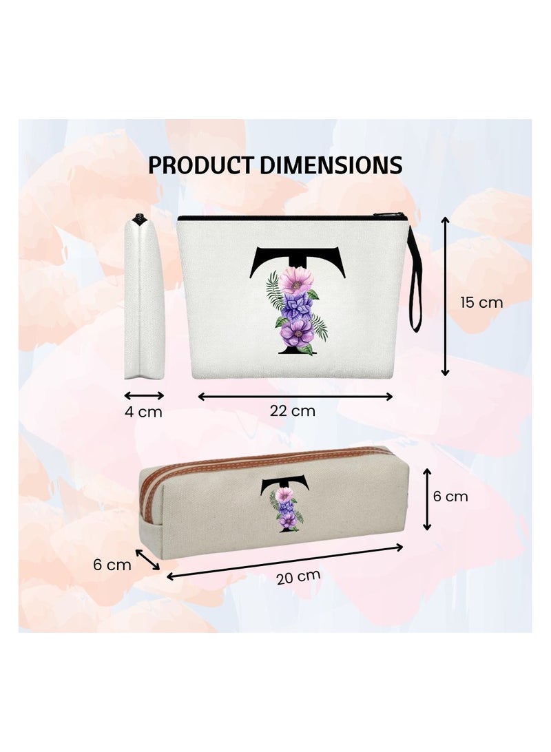 PRINTSHOP4ME Initial Monogram Cosmetic Bag And Floral Pencil Pouch-A-Z Letter Monogram Set For Girls&Women-Gift Set For Friends,Daughters Or Coworkers-Ideal For School,Work&Travel - Image 3