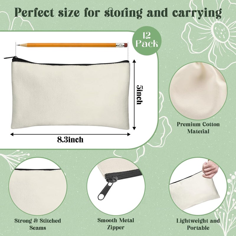 Legigo 12 Pack Blank DIY Craft Bag Canvas Pencil Case- Beige Canvas Pencil Pouch Bulk Canvas Pouch with Zipper Multipurpose Canvas Blank Makeup Bags for Vinyl Crafts Personalize (8.3 x 5 inches) - Image 2