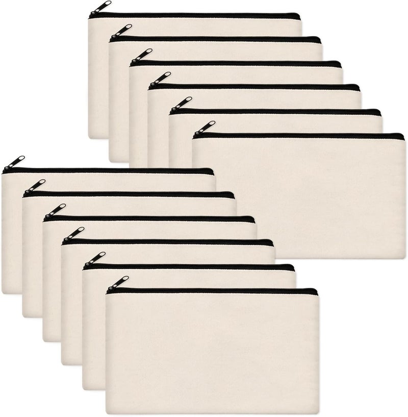 Legigo 12 Pack Blank DIY Craft Bag Canvas Pencil Case- Beige Canvas Pencil Pouch Bulk Canvas Pouch with Zipper Multipurpose Canvas Blank Makeup Bags for Vinyl Crafts Personalize (8.3 x 5 inches) - Image 1