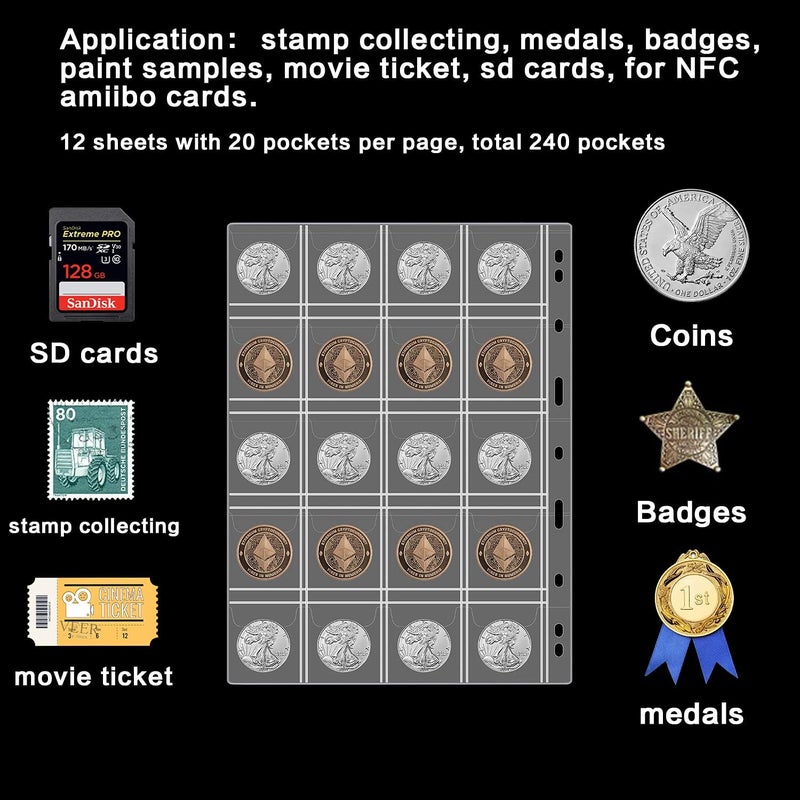 ANKHOH 12 Sheets Coin Collection Pages, Coins Pocket Page with 240 Pockets, Coin Binder Inserts Sleeves with Standard 9 Hole for Coin Album. Storage Holder for Currency, Stamp and Other Supplies (20 Pockets) - Image 5