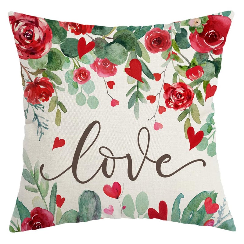AACORS Valentine's Day Pillow Cover 16X16 Inch Red Heart Rose Floral Love Decor Holiday Farmhouse Pillow Case Gifts Decoration for Home Sofa Couch AA292-16 - Image 1