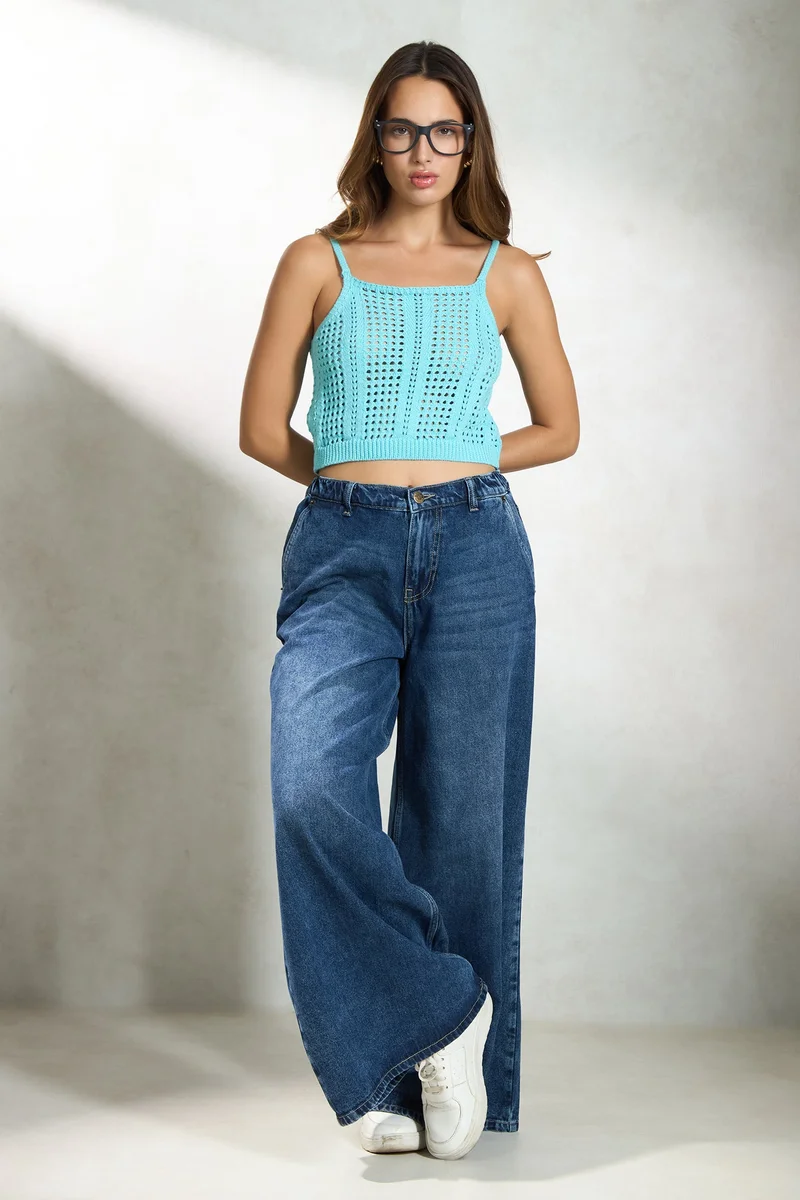 Virgio Solid Cotton Strappy Squareneck Knit Top for Women