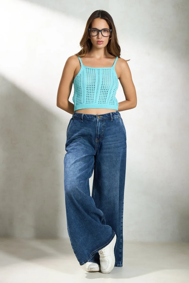 Virgio Solid Cotton Strappy Squareneck Knit Top for Women