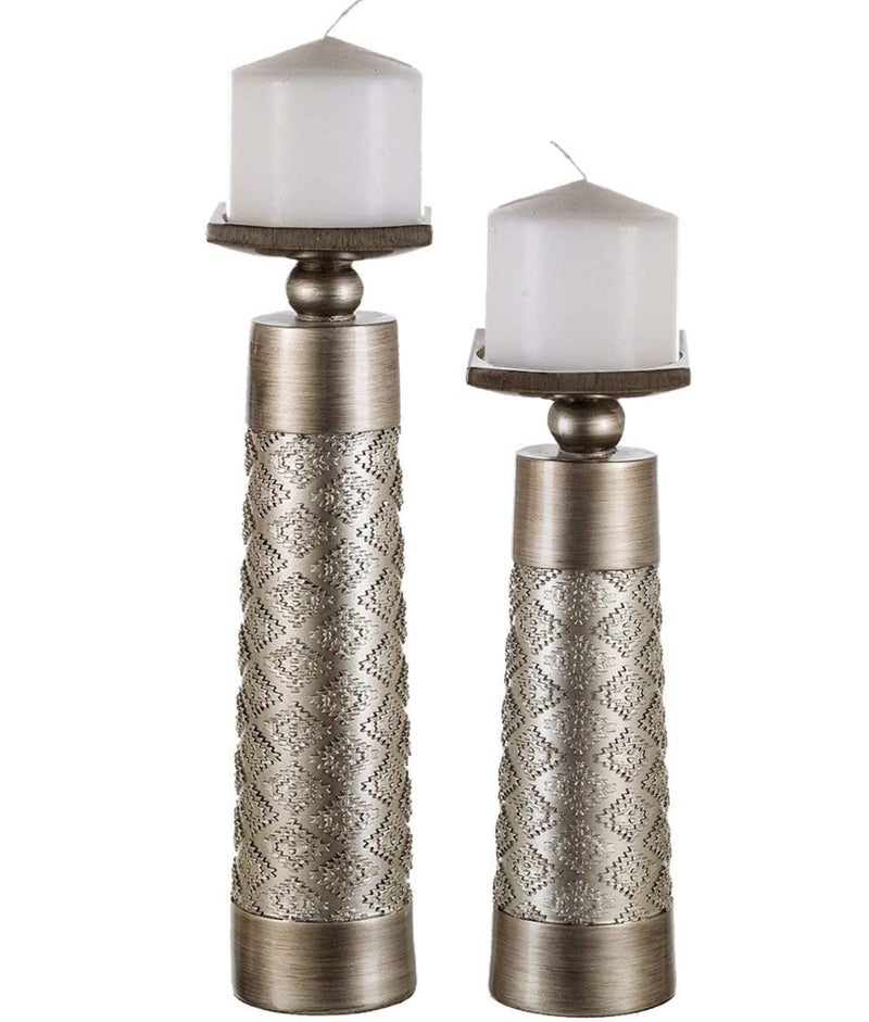Creative Scents Dublin Silver Decorative Candle Holder Set of 2  Home Decor Pillar Candle Stand Coffee Table Mantle Decor centerpieces for Fireplace Living or Dining Room Table Gift Boxed