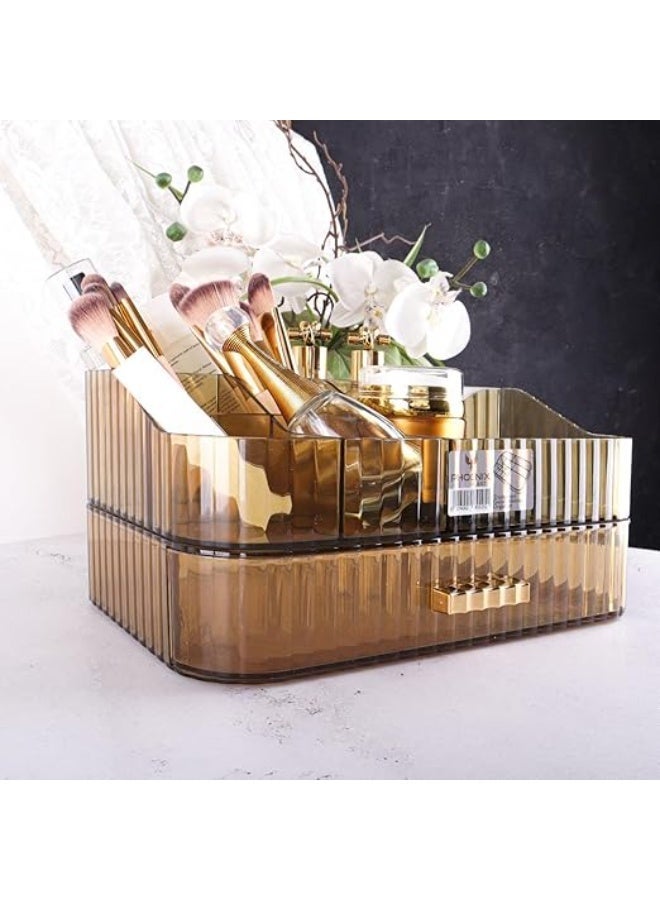 فينيكس منظم مكياج أكريليك مع أدراج قابلة للتكديس، منظم أدوات الحمام والتخزين، مثالي للمكتب وأسطح الخزانة، رائع لمستحضرات التجميل والعناية بالبشرة وأحمر الشفاه (صينية + درجين) (عنبر) - Image 3