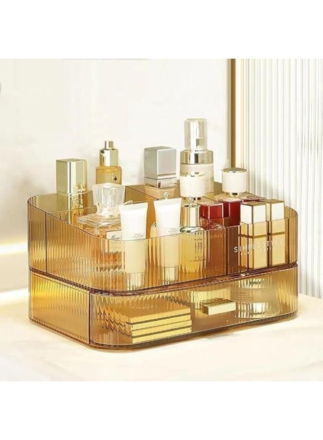 فينيكس منظم مكياج أكريليك مع أدراج قابلة للتكديس، منظم أدوات الحمام والتخزين، مثالي للمكتب وأسطح الخزانة، رائع لمستحضرات التجميل والعناية بالبشرة وأحمر الشفاه (صينية + درجين) (عنبر) - Image 1