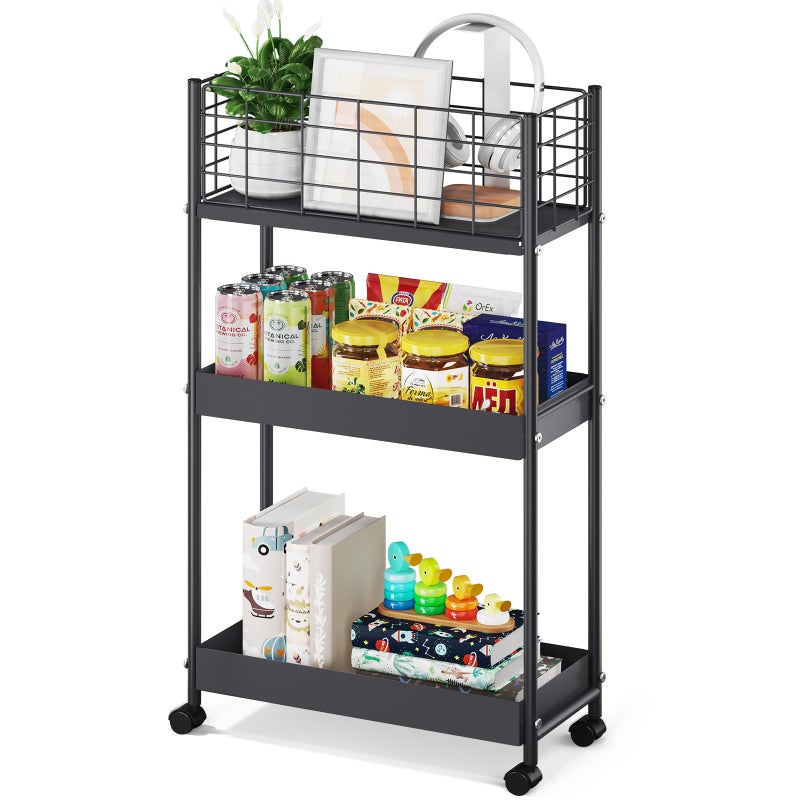 KINGRACK 3Tier Metal Rolling Cart Slim Storage Cart Mobile Shelving Unit Trolley with Wheels Bathroom TierBathroom Organizer Utility for Laundry Room Office Narrow Place Black