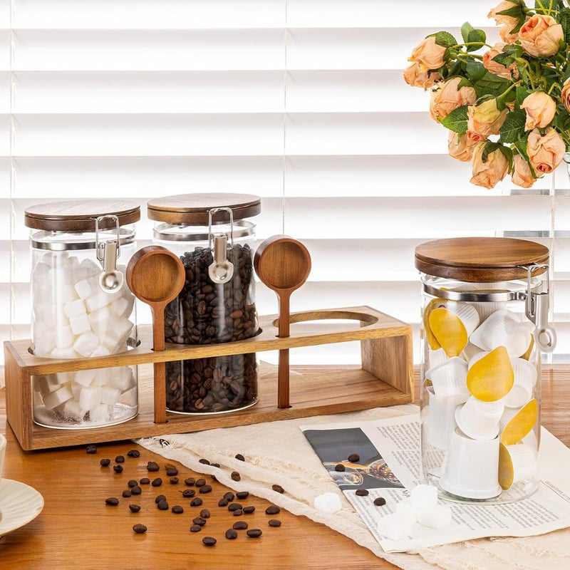 Yangbaga Glass Sugar Coffee Canister with Shelf, 3 x 45OZ Coffee Bean Containers Storage Station Organizer with Airtight Locking Clamp and Log Coffee Scoop, Food Storage Canisters Sets for Kitchen - Image 5