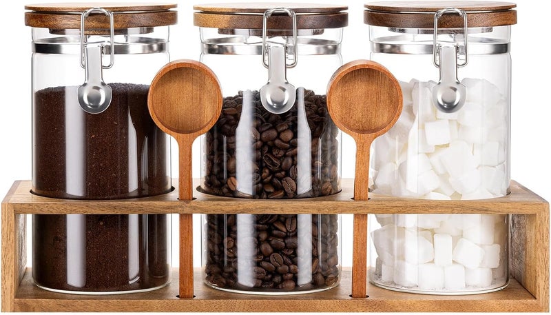 Yangbaga Glass Sugar Coffee Canister with Shelf, 3 x 45OZ Coffee Bean Containers Storage Station Organizer with Airtight Locking Clamp and Log Coffee Scoop, Food Storage Canisters Sets for Kitchen - Image 1