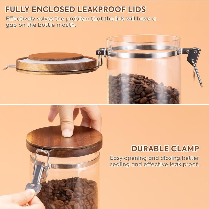 Yangbaga Glass Sugar Coffee Canister with Shelf, 3 x 45OZ Coffee Bean Containers Storage Station Organizer with Airtight Locking Clamp and Log Coffee Scoop, Food Storage Canisters Sets for Kitchen - Image 3