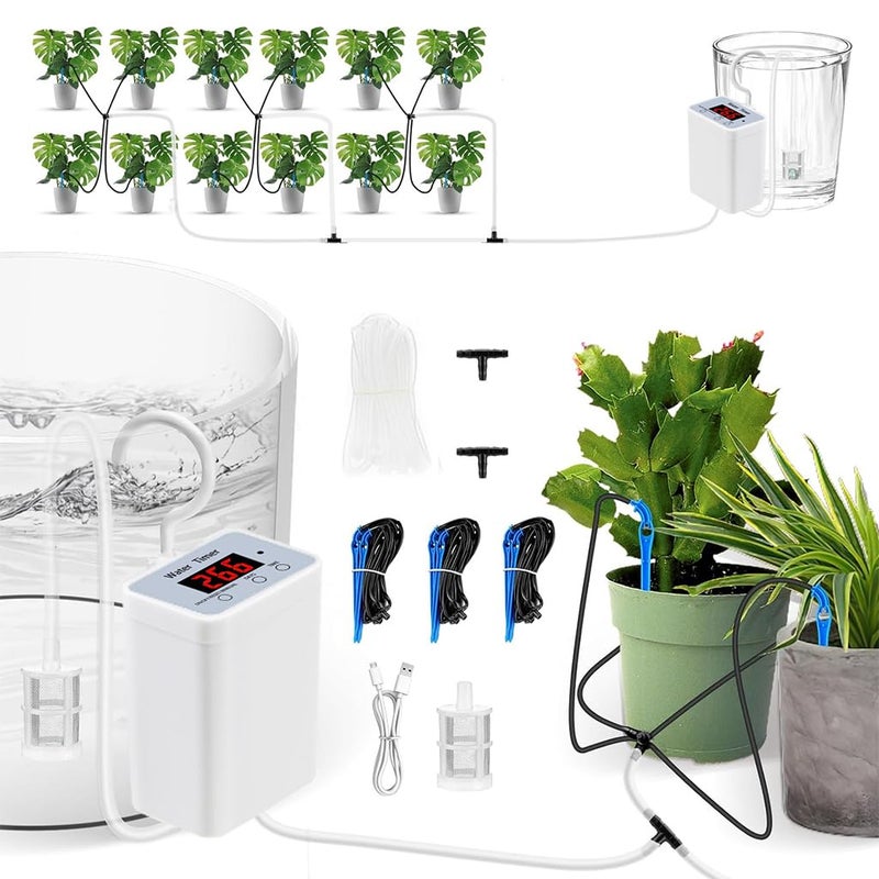 HASTHIP® Automatic Slow Drip Irrigation Timer Programmable Auto Watering Device with LCD Display, 10m PVC Tubing, Tee Connectors, Drippers, USB Cordless Rechargeable Self Watering Timer Machine - Image 5