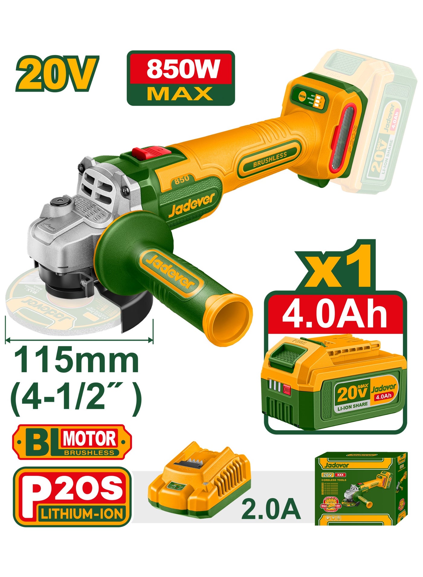 Jadever Cordless angle grinder 4.5Inch 20V With 4 amp battery and charger JDLAP5421