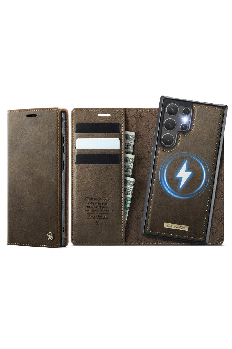 CaseMe C49 Magnetic RFID Blocking Detachable Wallet MagSafe Leather Phone Case for Samsung Galaxy S24 Ultra - Coffee - Image 1
