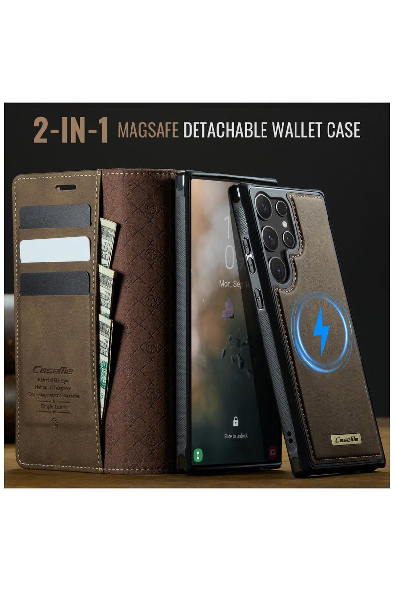 CaseMe C49 Magnetic RFID Blocking Detachable Wallet MagSafe Leather Phone Case for Samsung Galaxy S24 Ultra - Coffee - Image 4