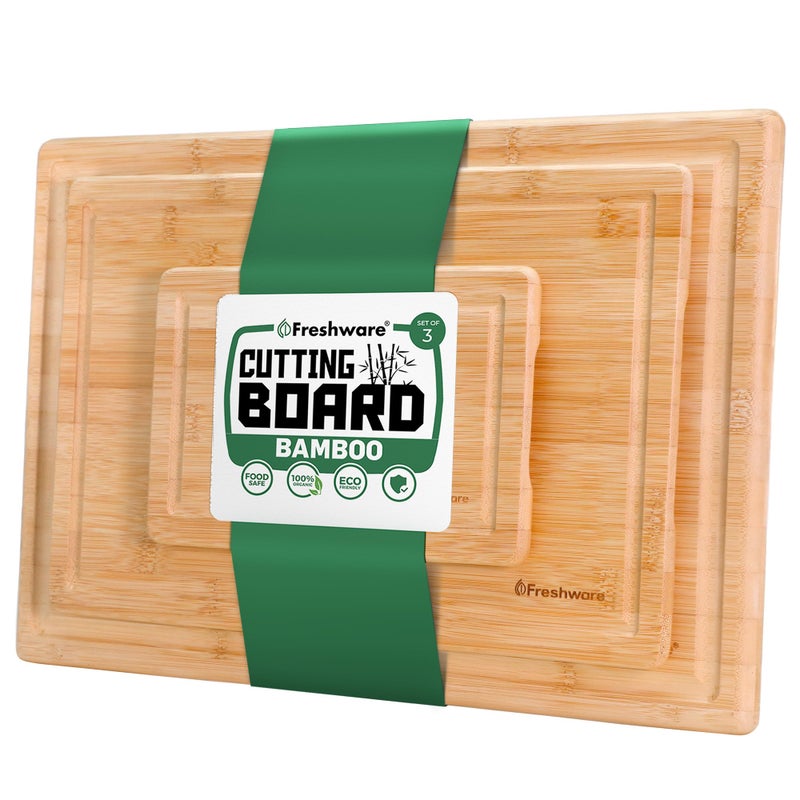 Freshware Wood Cutting Boards for Kitchen - Bamboo Cutting Board Set of 3, Cutting Boards with Juice Grooves, Serving Board Set, Chopping Board for Meat, Veggie, Easy Grip Handle (9x6", 12x8", 15x10") - Image 1