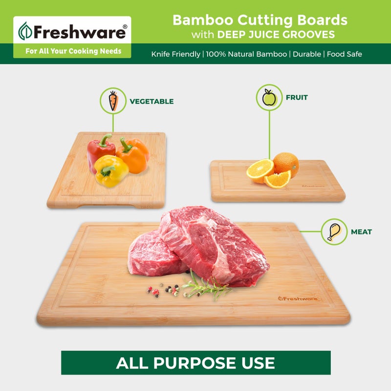 Freshware Wood Cutting Boards for Kitchen - Bamboo Cutting Board Set of 3, Cutting Boards with Juice Grooves, Serving Board Set, Chopping Board for Meat, Veggie, Easy Grip Handle (9x6", 12x8", 15x10") - Image 3