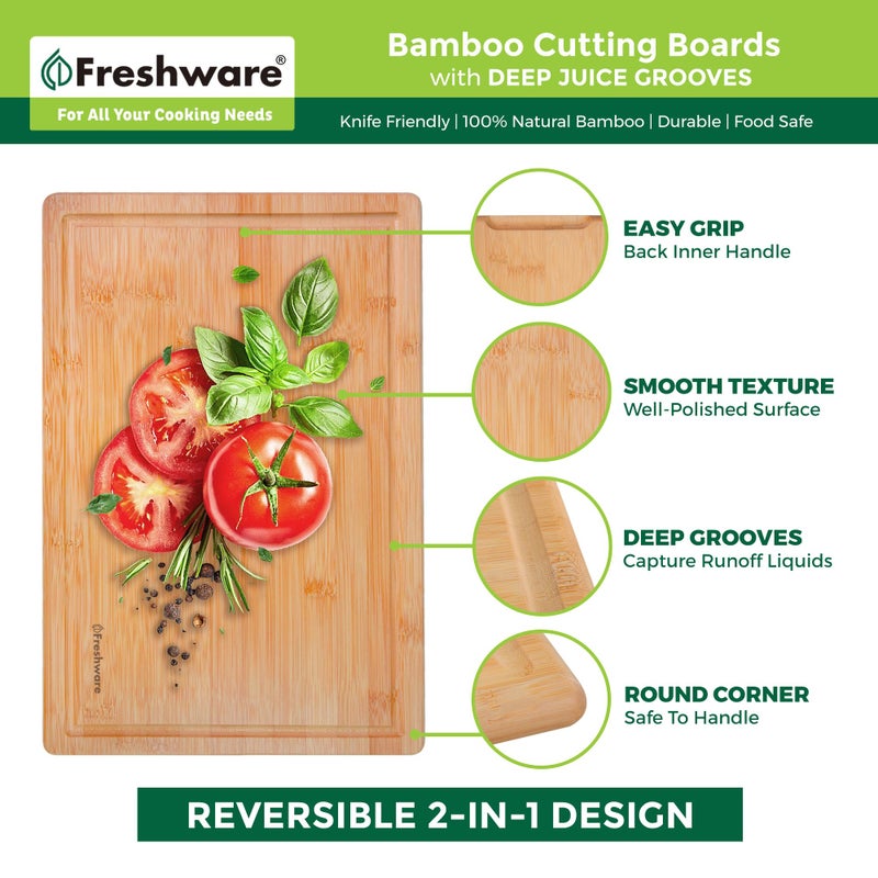 Freshware Wood Cutting Boards for Kitchen - Bamboo Cutting Board Set of 3, Cutting Boards with Juice Grooves, Serving Board Set, Chopping Board for Meat, Veggie, Easy Grip Handle (9x6", 12x8", 15x10") - Image 2
